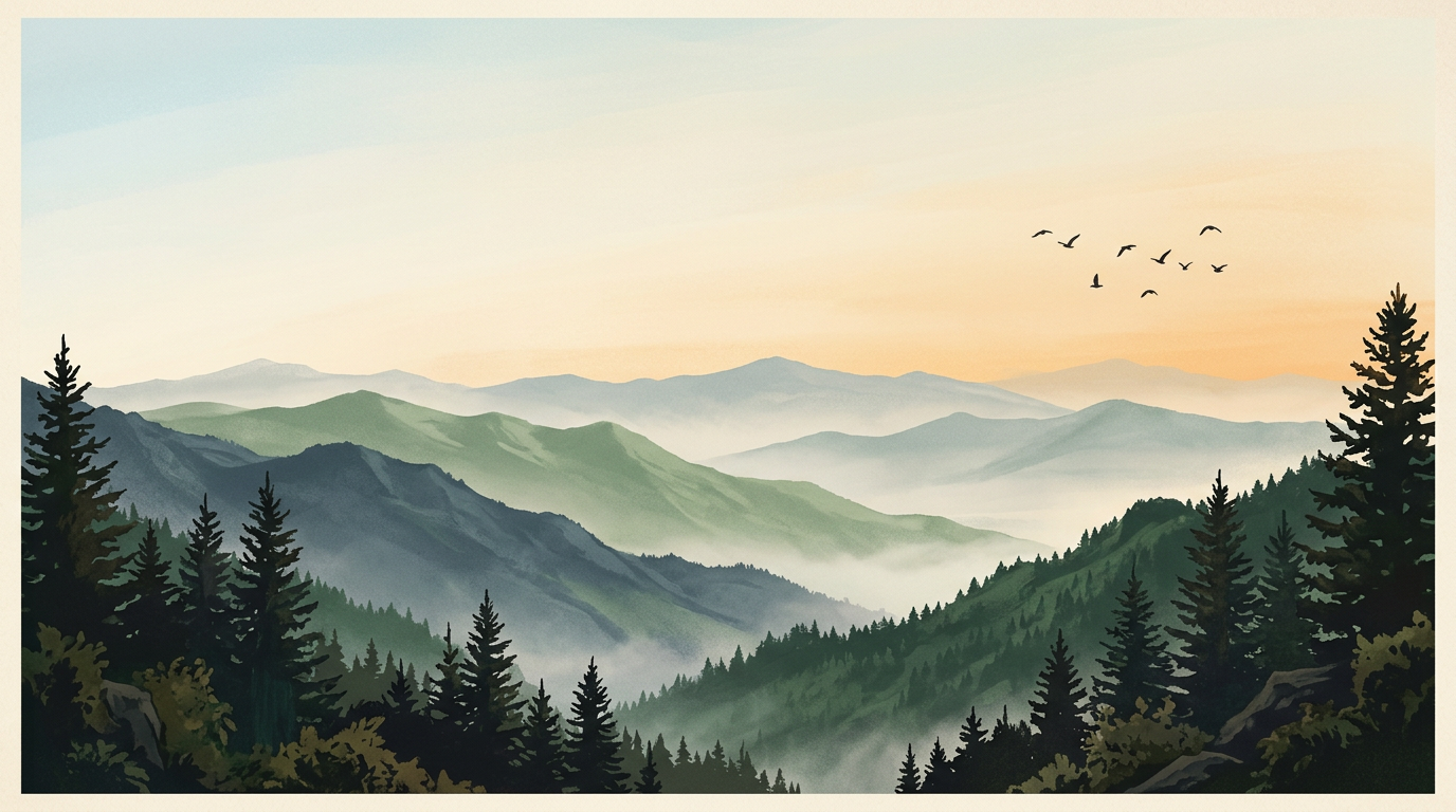 Layered misty mountain ridgelines at dawn with a flock of birds flying over pine forest