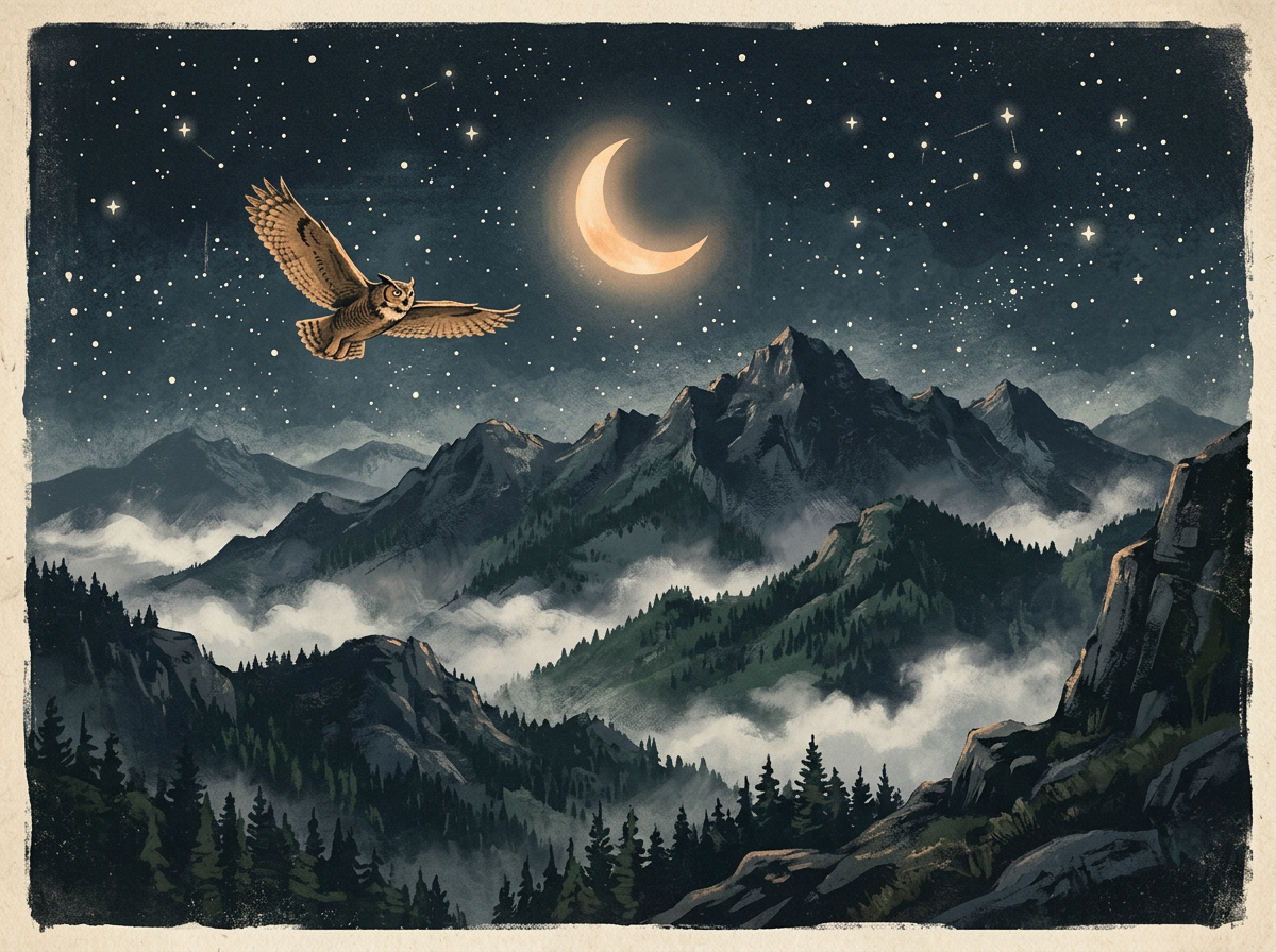 Illustration of an owl flying over misty mountains under a crescent moon