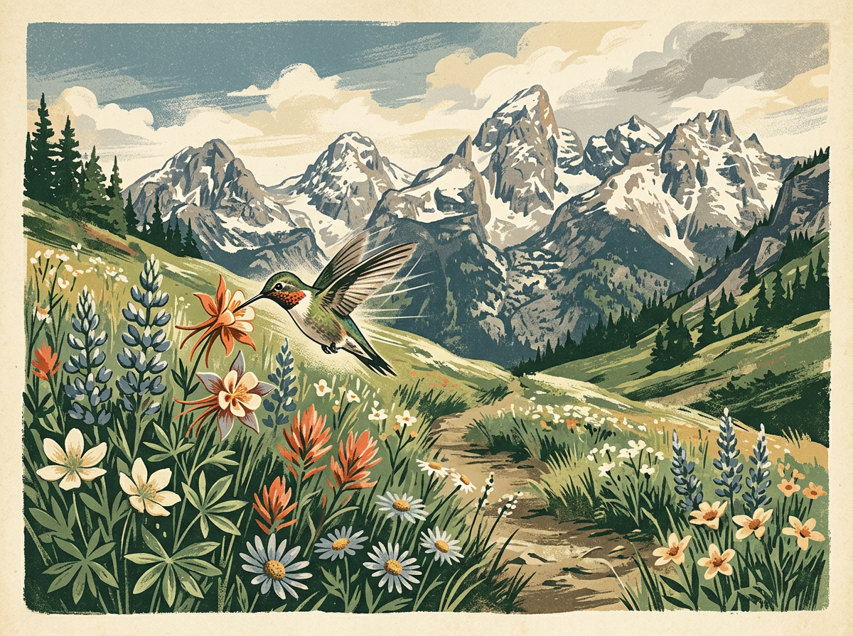 Illustration of a hummingbird hovering by wildflowers in an alpine meadow